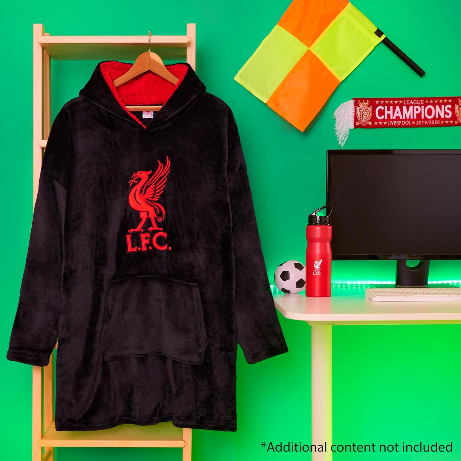 Liverpool F.C. Oversized Hoodie Blanket, Polyester and Sherpa Fleece-Lined Blanket Hoodie, Black Hoodie Blanket with Red LFC Crest, Oversized Blanket Hoodie for Men