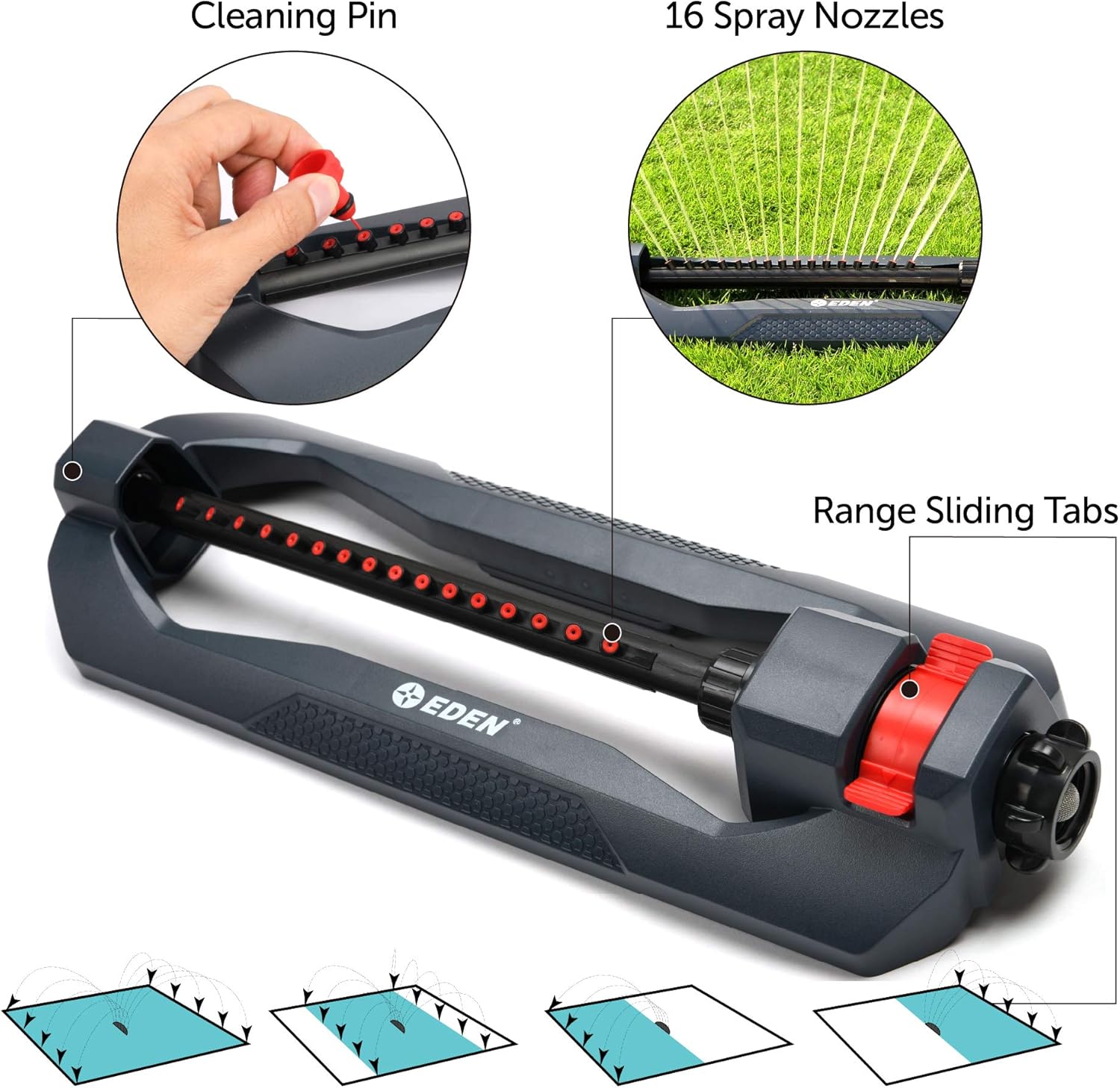 Eden 96213 Weighted Essential Oscillating Sprinkler | Covers Up to 3,600 sq. ft., 16 Precision Nozzles, Adjustable Range, Turbo Drive Motor, Quick Connect Bundle, Stainless Steel Filters, Black