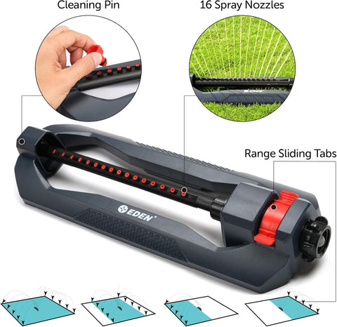 Eden 96213 Weighted Essential Oscillating Sprinkler | Covers Up to 3,600 sq. ft., 16 Precision Nozzles, Adjustable Range, Turbo Drive Motor, Quick Connect Bundle, Stainless Steel Filters, Black