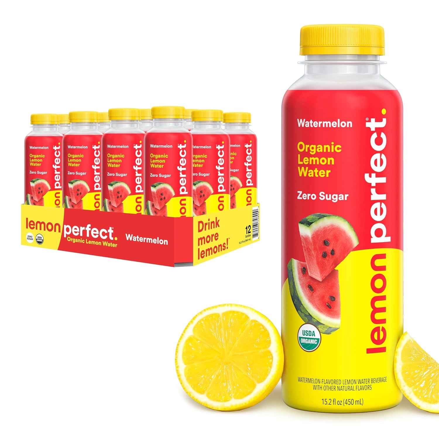 Lemon Perfect Watermelon Lemon Water, Organic, Zero Sugar 12 Pack | Flavored lemon water made with real organic lemons and delicious watermelon flavor, low-calorie, no artificial sweeteners