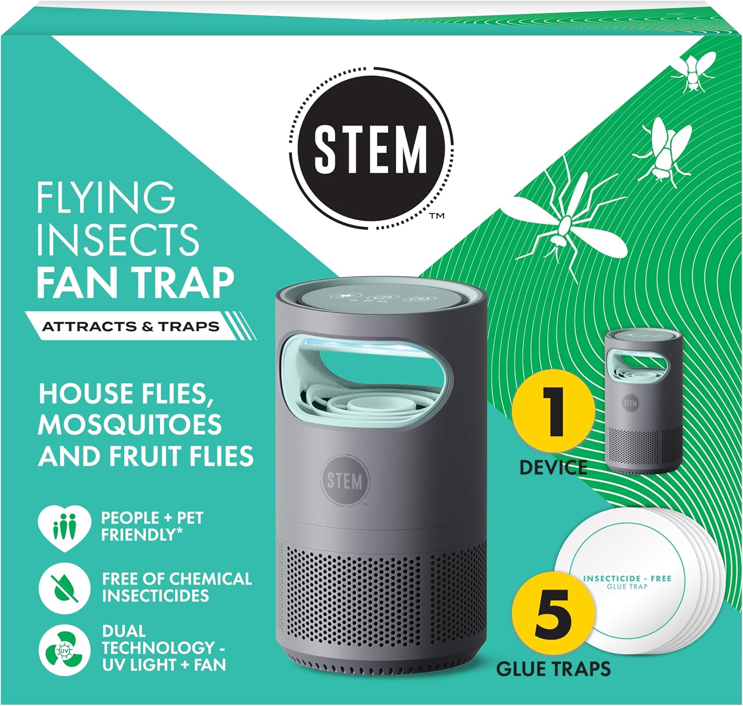 STEM Flying Insect Indoor Fan Trap, UV Light, 1 Device + 5 Glue Traps