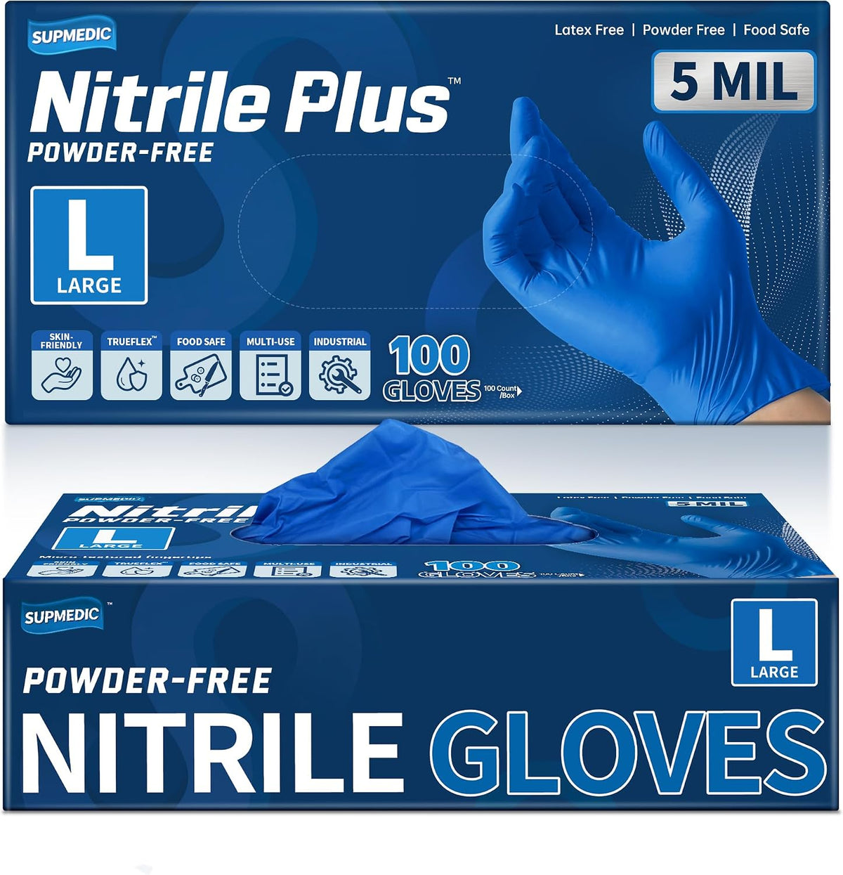 Supmedic Nitrile+ Disposable Gloves, 5 Mil Latex & Powder-Free Glove 100 Ct