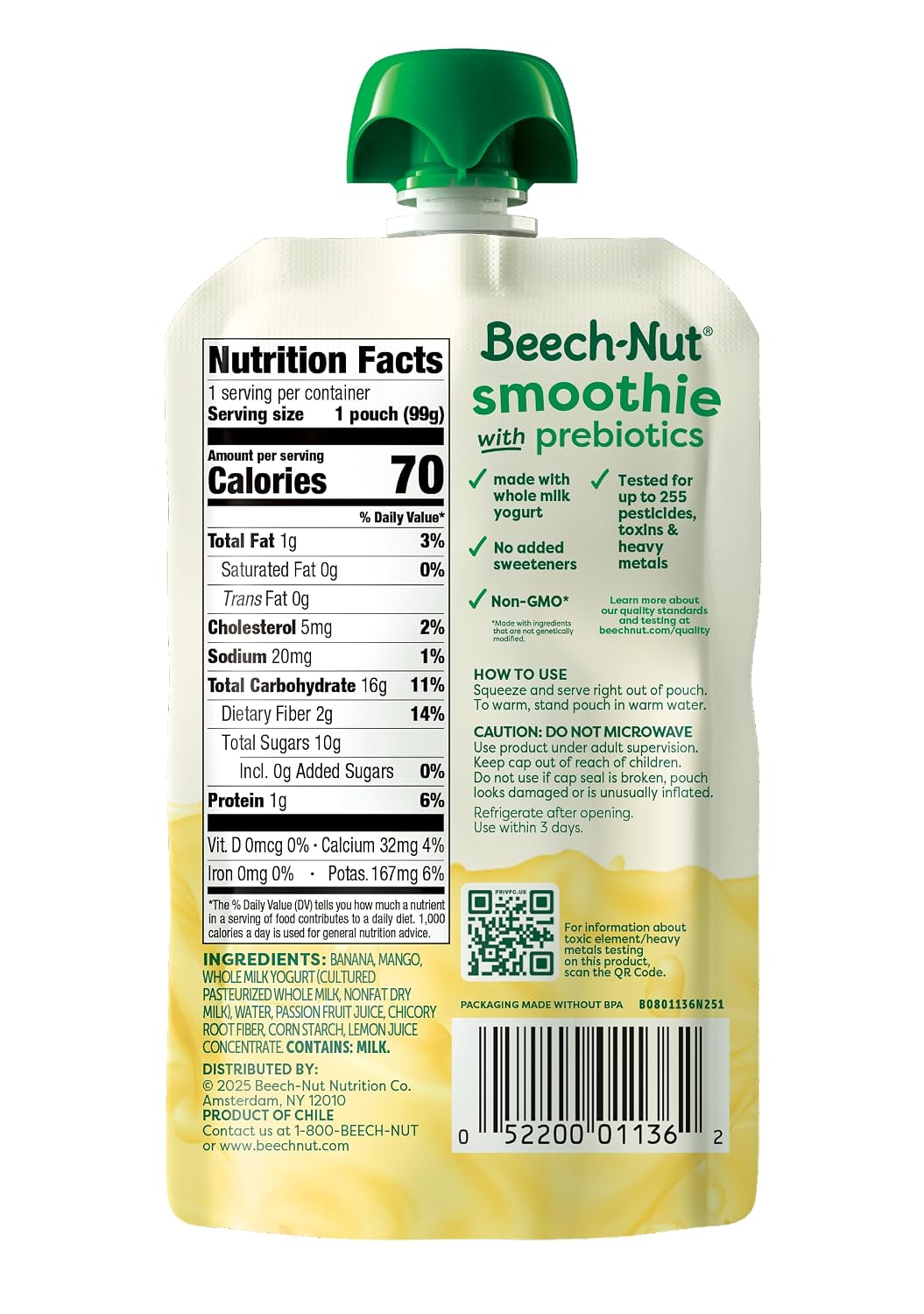Beech-Nut Prebiotics Smoothie Banana Mango Passion Fruit Yogurt, 12 Pouches