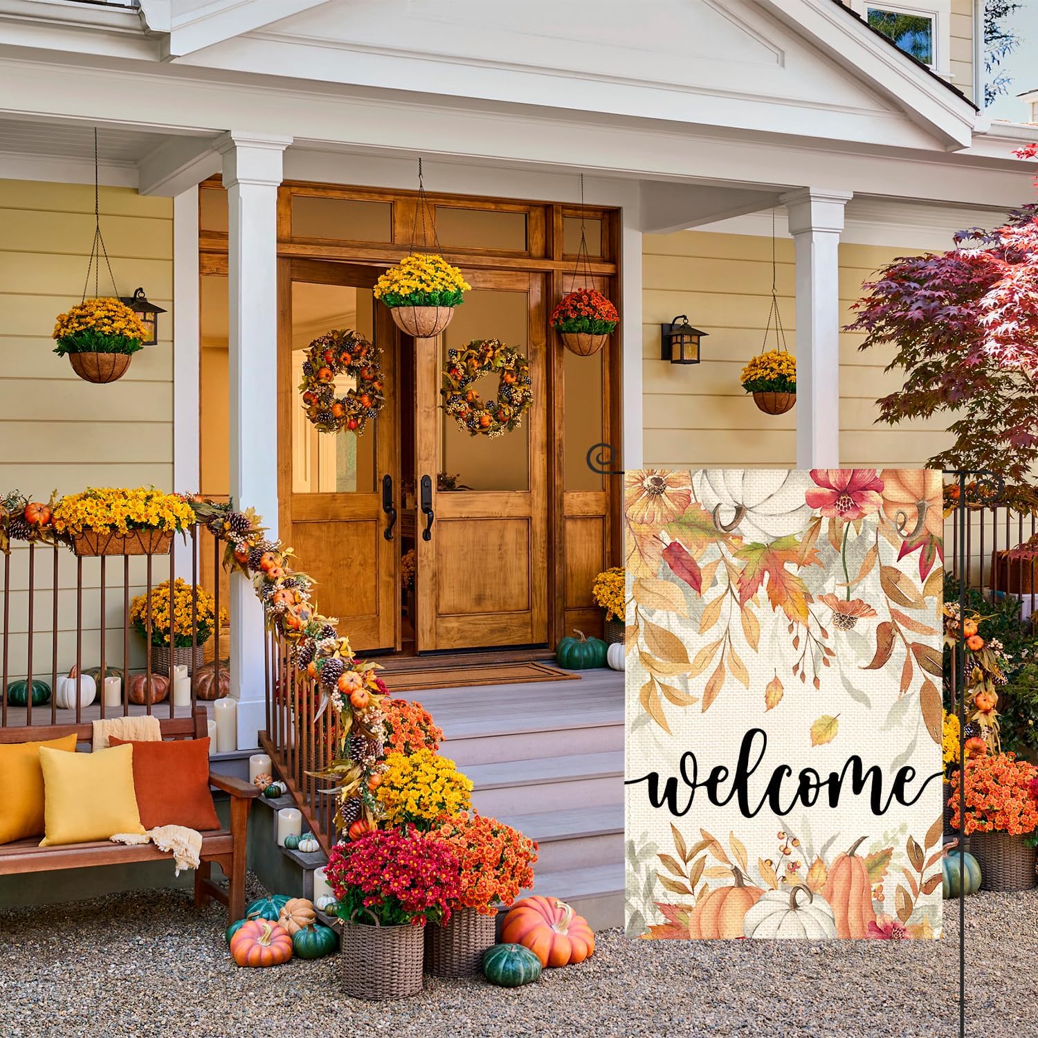 AVOIN colorlife Floral Welcome Fall Garden Flag 12x18 Inch for Outside