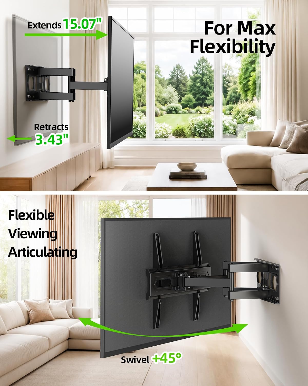 USX MOUNT TV Wall Mount for 32-74 inch Flat Screen/LED/4K up to 110lbs, Full Motion TV Mount Bracket with Swivel & Tilt Articulating Dual Arms, Max VESA 400x400mm, Fits 12/16" Wood Studs