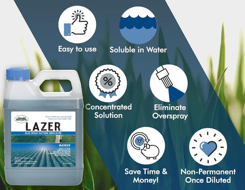 Liquid Harvest Lazer Blue - 32 Ounces - Concentrated Spray Pattern Indicator - Perfect Weed/ Fertilizer Marking Dye, Turf Mark and Blue Herbicide Marker