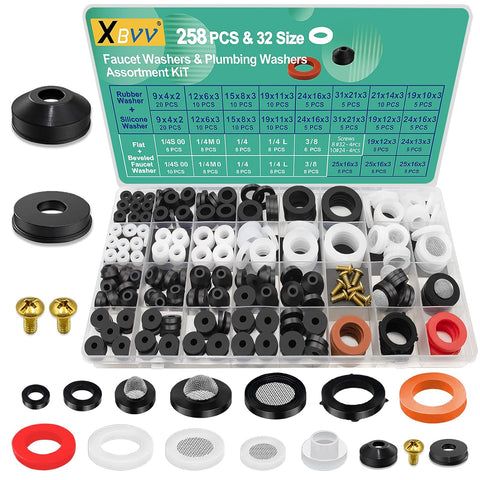 XBVV 32 Size 258 PC Faucet and Plumbing Rubber Washers Assortment Kit for Assorted Garden Hose Valve Spigot Adapter Splitter Outdoor Faucet Bibb Shower Hose Gasket Repair