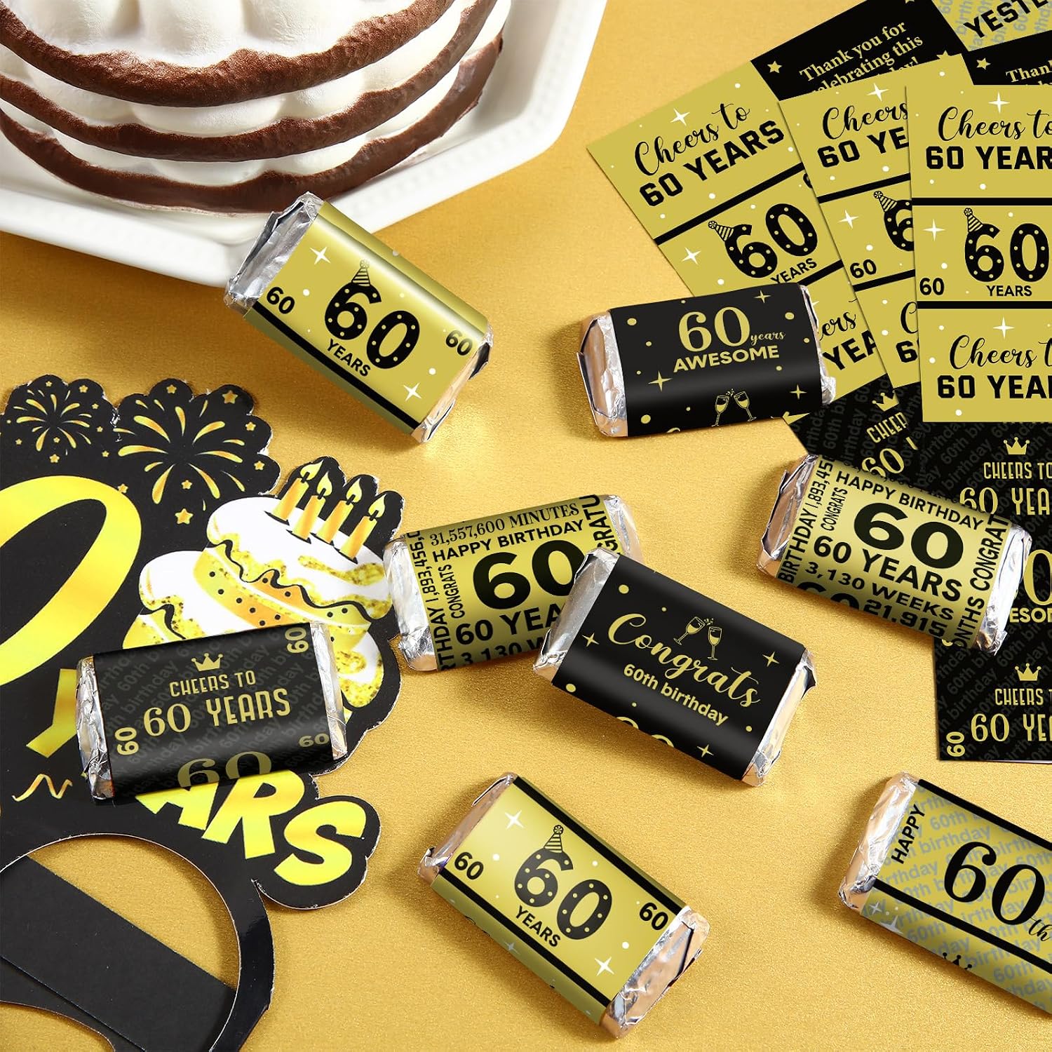 Tenare 90 Pcs 60th Birthday Candy Wrappers, Black and Gold Stickers
