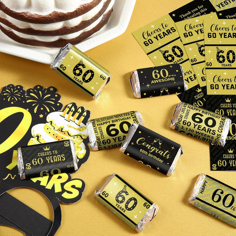 Tenare 90 Pcs 60th Birthday Candy Wrappers, Black and Gold Stickers