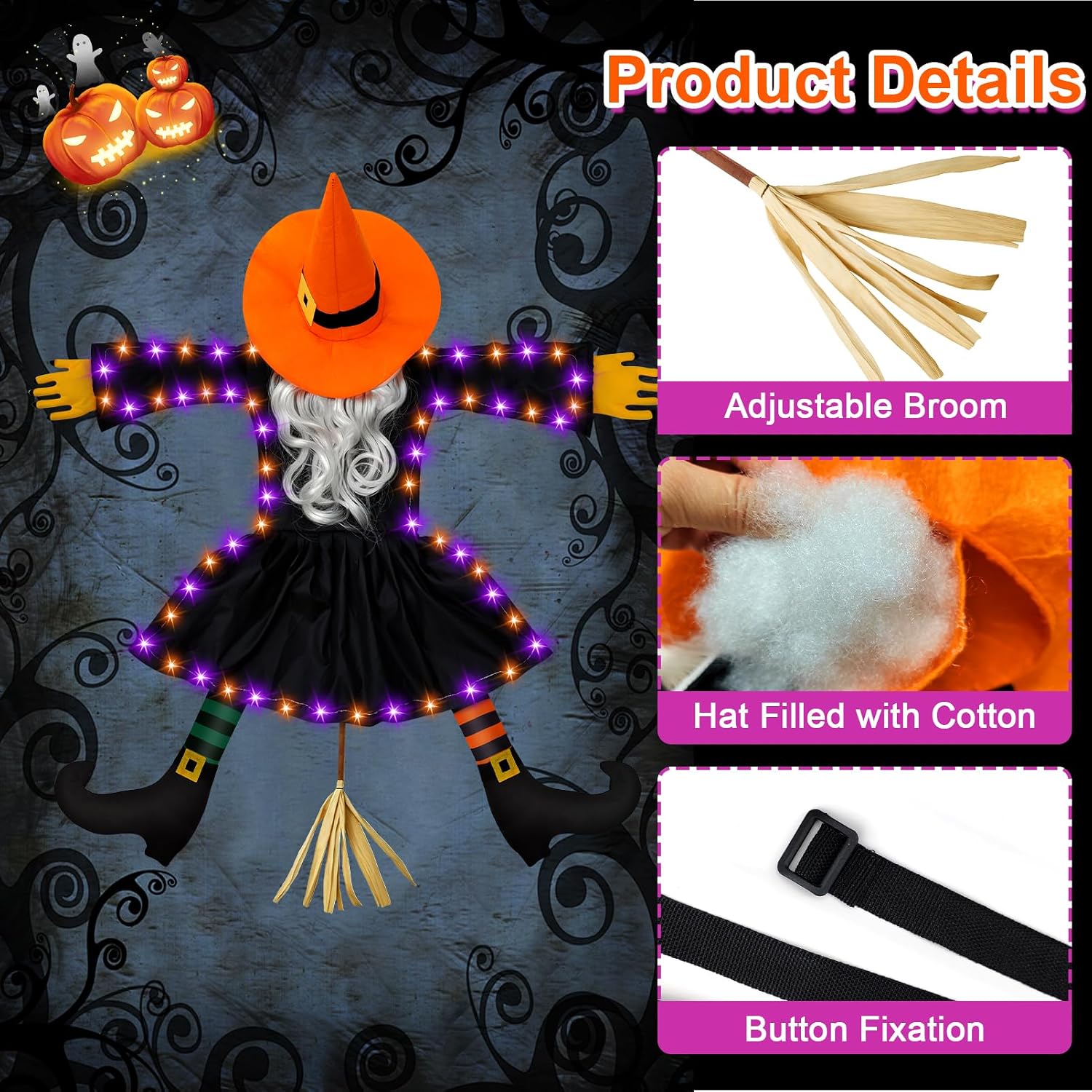 Halloween Decorations Outdoor, Solar Witch, Orange-Silver Hair