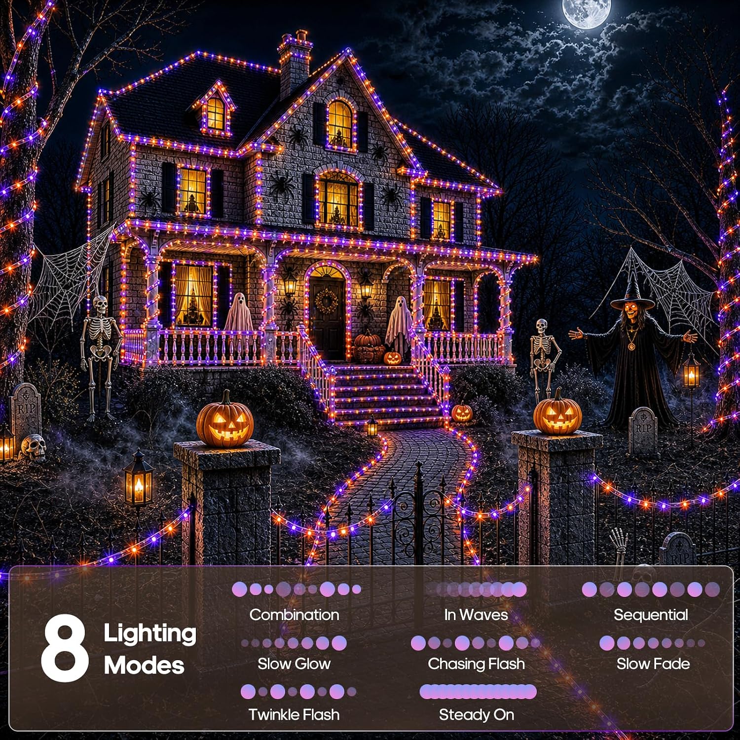 Halloween Decoration Solar Rope Lights 66FT 200LED 1800mAh -Purple & Orange