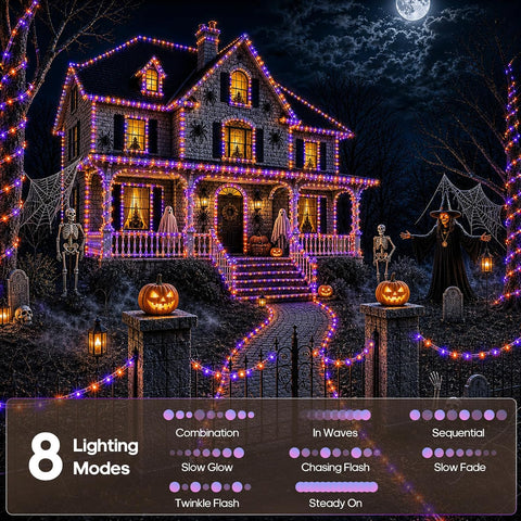 Halloween Decoration Solar Rope Lights 66FT 200LED 1800mAh -Purple & Orange