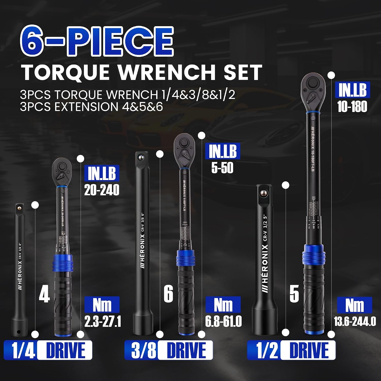 6PCS Click Torque Wrench Set, 1/4" 3/8" 1/2" Drive (20-240 in.lb, 5-50 ft.lb, 10-180 ft.lb), 72-Tooth Ratchet with 4", 5", 6" Extension Bars for Auto, Bicycle & Motorcycle Maintenance