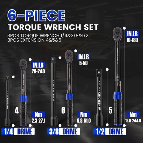 6PCS Click Torque Wrench Set, 1/4" 3/8" 1/2" Drive (20-240 in.lb, 5-50 ft.lb, 10-180 ft.lb), 72-Tooth Ratchet with 4", 5", 6" Extension Bars for Auto, Bicycle & Motorcycle Maintenance