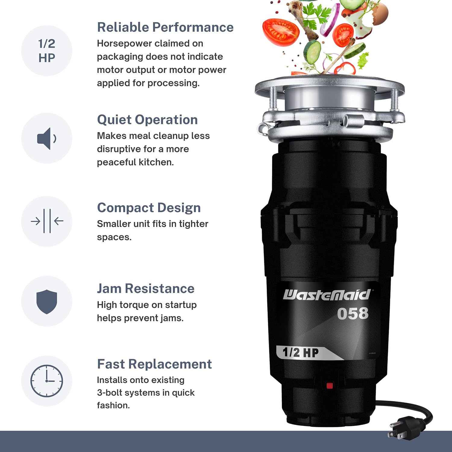 Waste Maid Garbage Disposal, Anti-Jam, Continuous Feed, 1/2 HP Economy