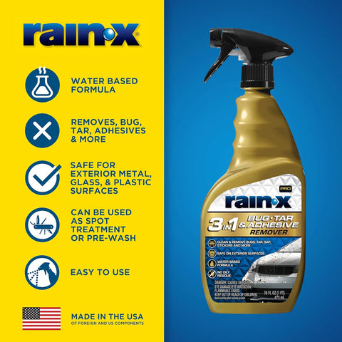 Rain-X Pro 620213 3-in-1 Bug, Tar and Adhesive Remover, 16oz - Premium Bug, Tar and Adhesive Remover to Help Clean and Remove Sticky Contaminants
