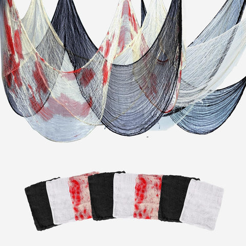 Sunlisky Halloween Creepy Cloth 8 Pack(3 Black, 3 White, 2 Red), 76x30in Cotton Gauze Fabric, Spider Web, Black Cheesecloth, Spooky Home Decor, Halloween Decorations Indoor Outdoor Party Haunted House