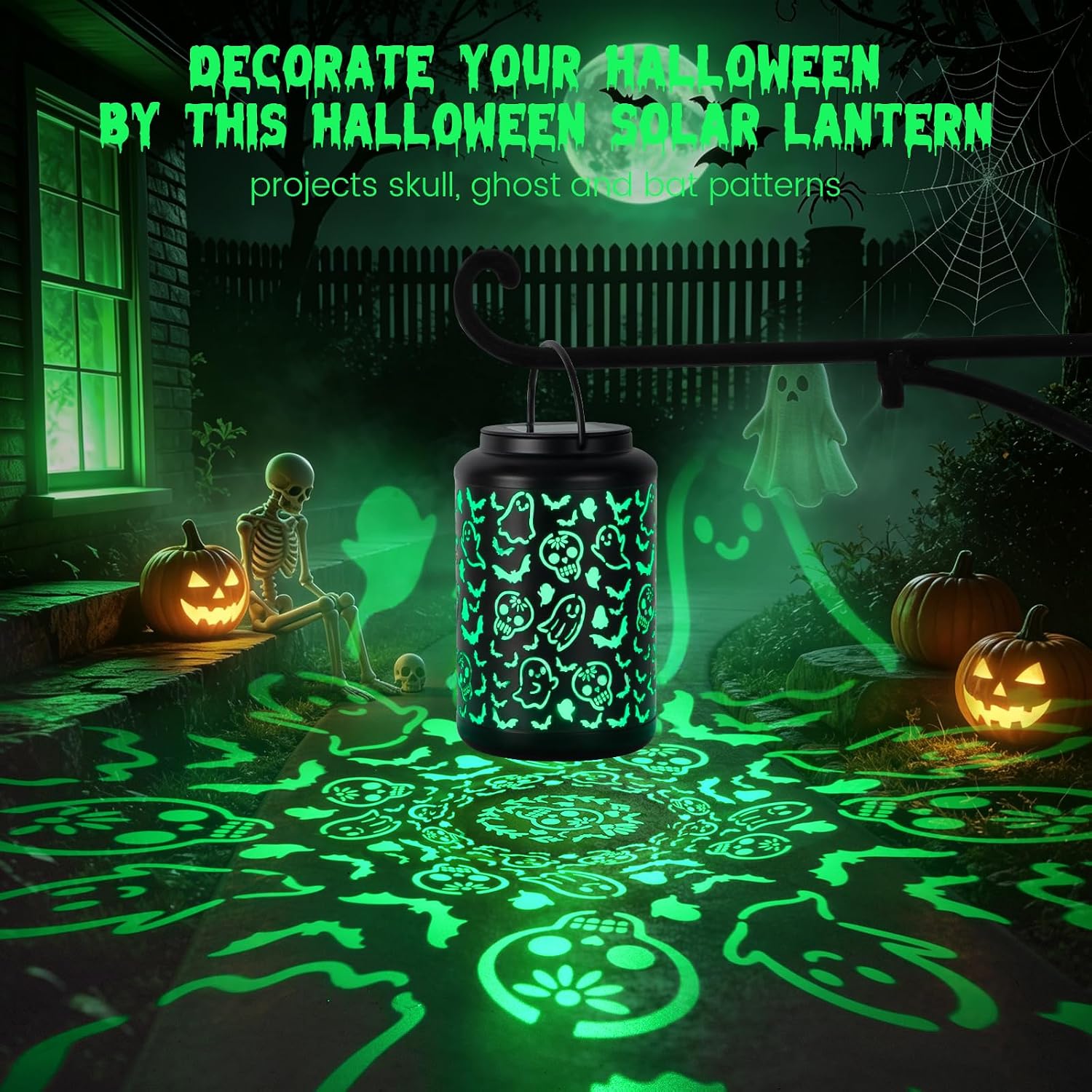 Halloween Decorations Outdoor Skull&Ghost Solar Lantern Green Light