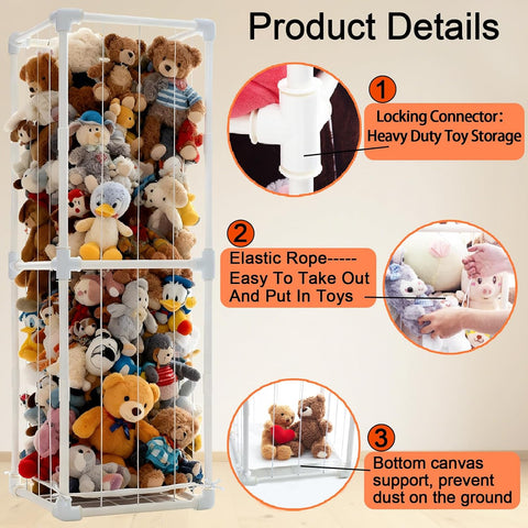 Stuffed Animal Storage Organizer, 58" Extra Large Zoo Cage for 80+ Plushies, Upgraded Quick-Lock Vertical Toy Holder for Kids Room & Playroom (White)