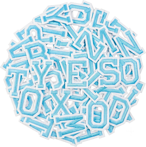 Jongdari Iron on Letters, 52 Pcs Alphabet Patches with Ironed Adhesive, Decorate Repair Patches for Shirts Jackets Hats Jeans Shoes Bags(Sky Blue)