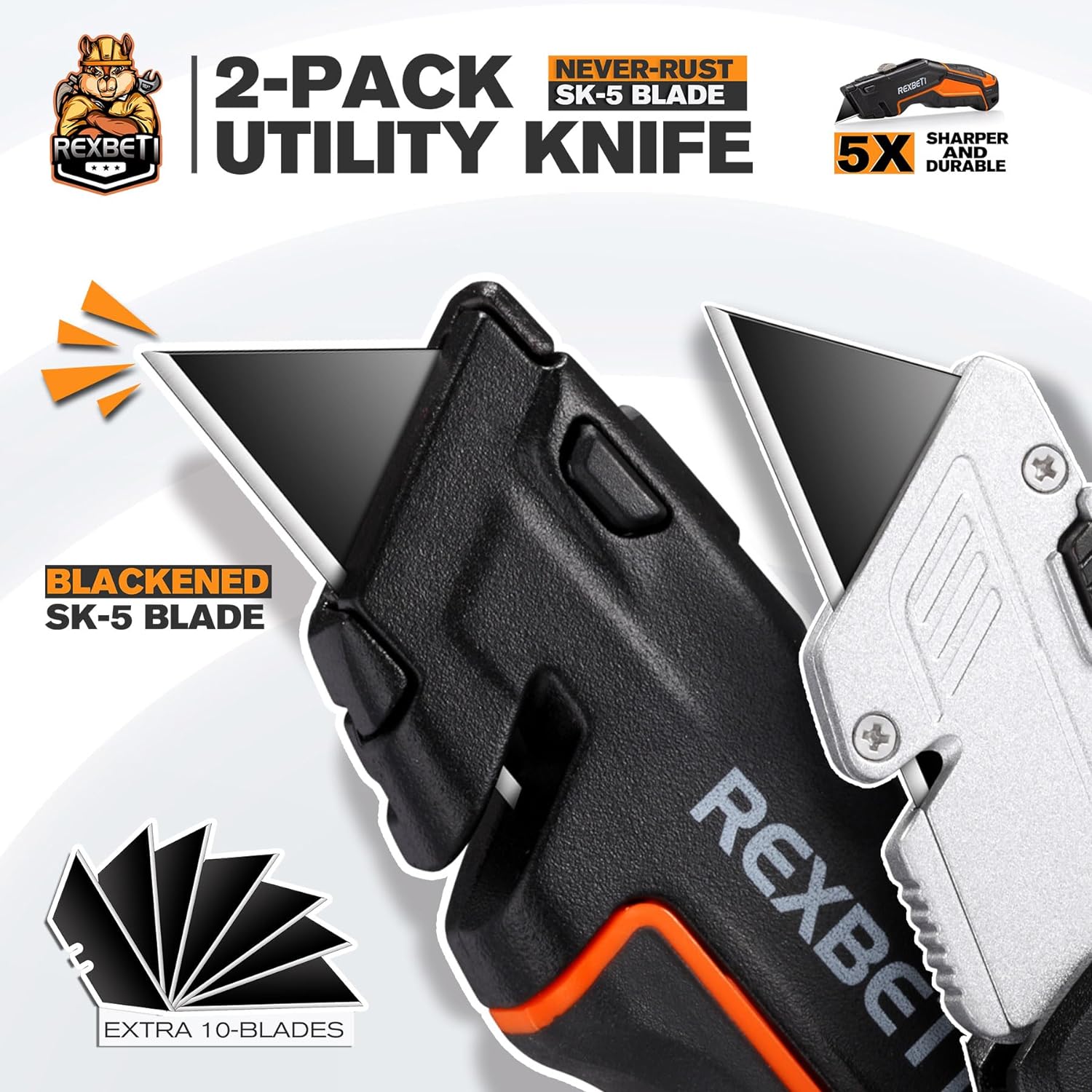 REXBETI Box Cutter 2-Pack, Utility Knife with Blade Storage, 18 Blades