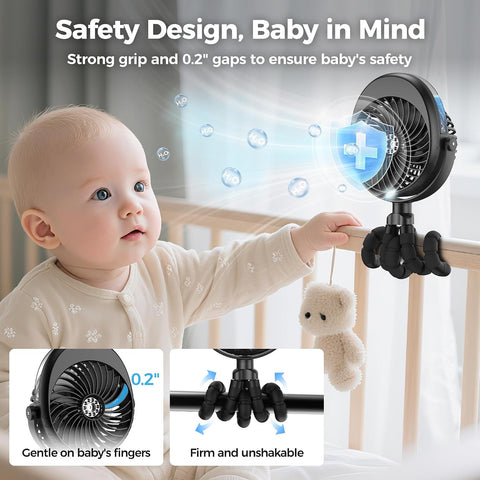 2026 Upgraded Misting Baby Stroller Fan Rechargeable, Flexible Tripod Clip for Car Seat Crib, Baby Shower Gifts & Baby Registry Search, Newborn Essentials for Beach Travel, Disney Summer Essentials