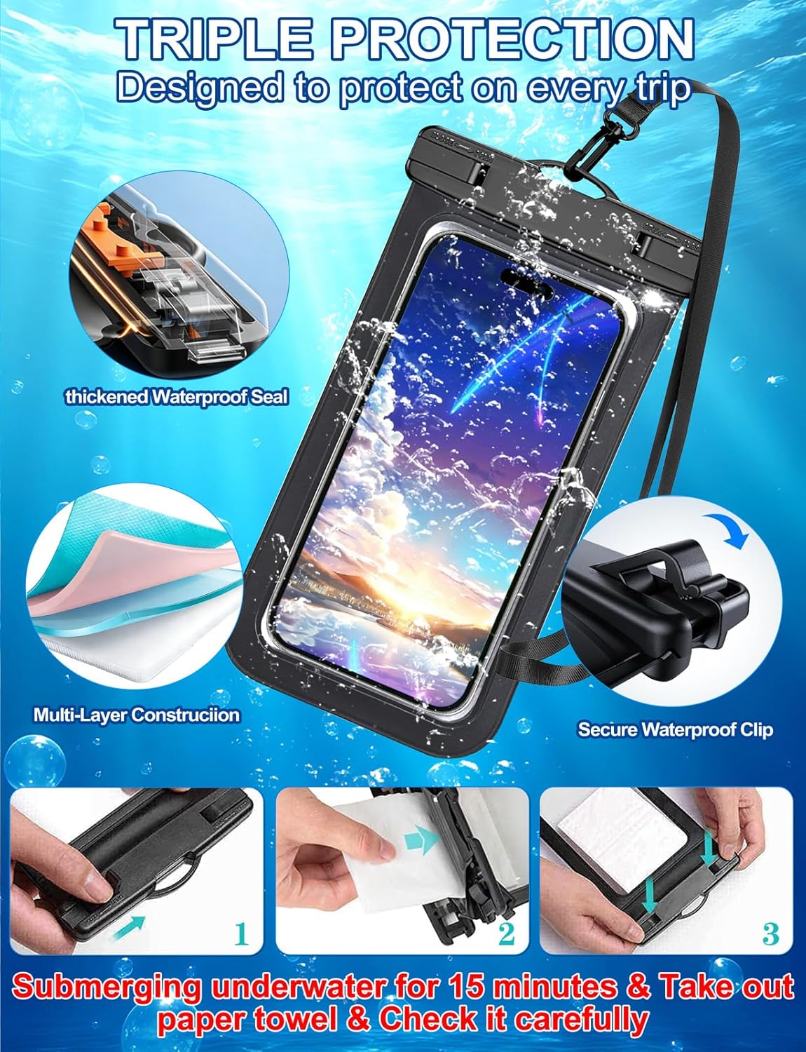 Famoby 3 Pack Black Waterproof Phone Pouch, Phone Waterproof Case,Cell Phone Dry Bag,Protection Level: IP68,Beach Cruise for iPhone,Samsung,and More,Lanyard Included,(Fits Up to 8.3"),Black