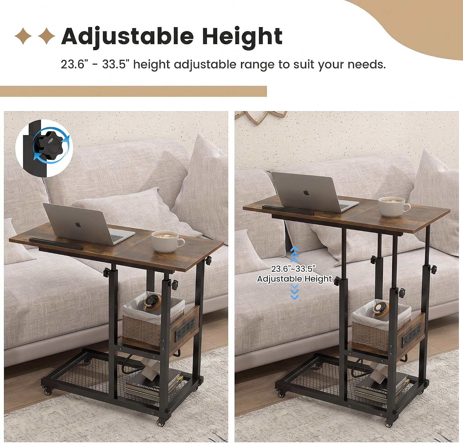 Hadulcet Adjustable C Table with Charging Station, Tiltable Desk C Shaped End Table for Couch, Over Bed Table with Wheels Adjustable Height, Hospital Table Laptop Stand Drawing Desk, Rustic Brown