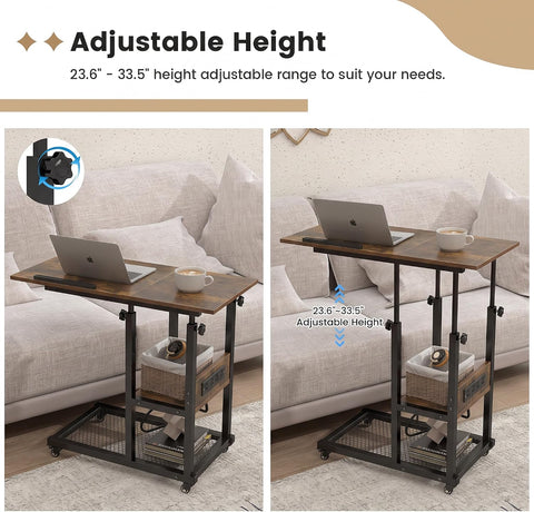 Hadulcet Adjustable C Table with Charging Station, Tiltable Desk C Shaped End Table for Couch, Over Bed Table with Wheels Adjustable Height, Hospital Table Laptop Stand Drawing Desk, Rustic Brown