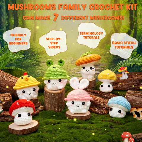 MAGIMUSE Crochet Kit for Beginners, Crochet Starter Kits for Adults Amigurumi Craft Knitting Crochet Kits with Step-by-Step Video Tutorials, Mushroom Family(40%+ Yarn