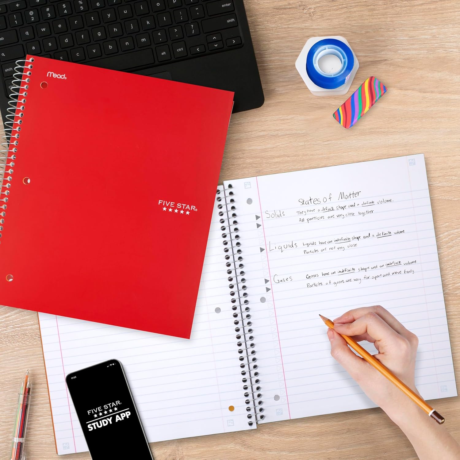 Five Star Spiral Notebook + Study App, 5 Subject, Wide Ruled Paper, 8" x 10-1/2", 200 Sheets, Fights Ink Bleed, Water Resistant Cover, Fire Red (72041)