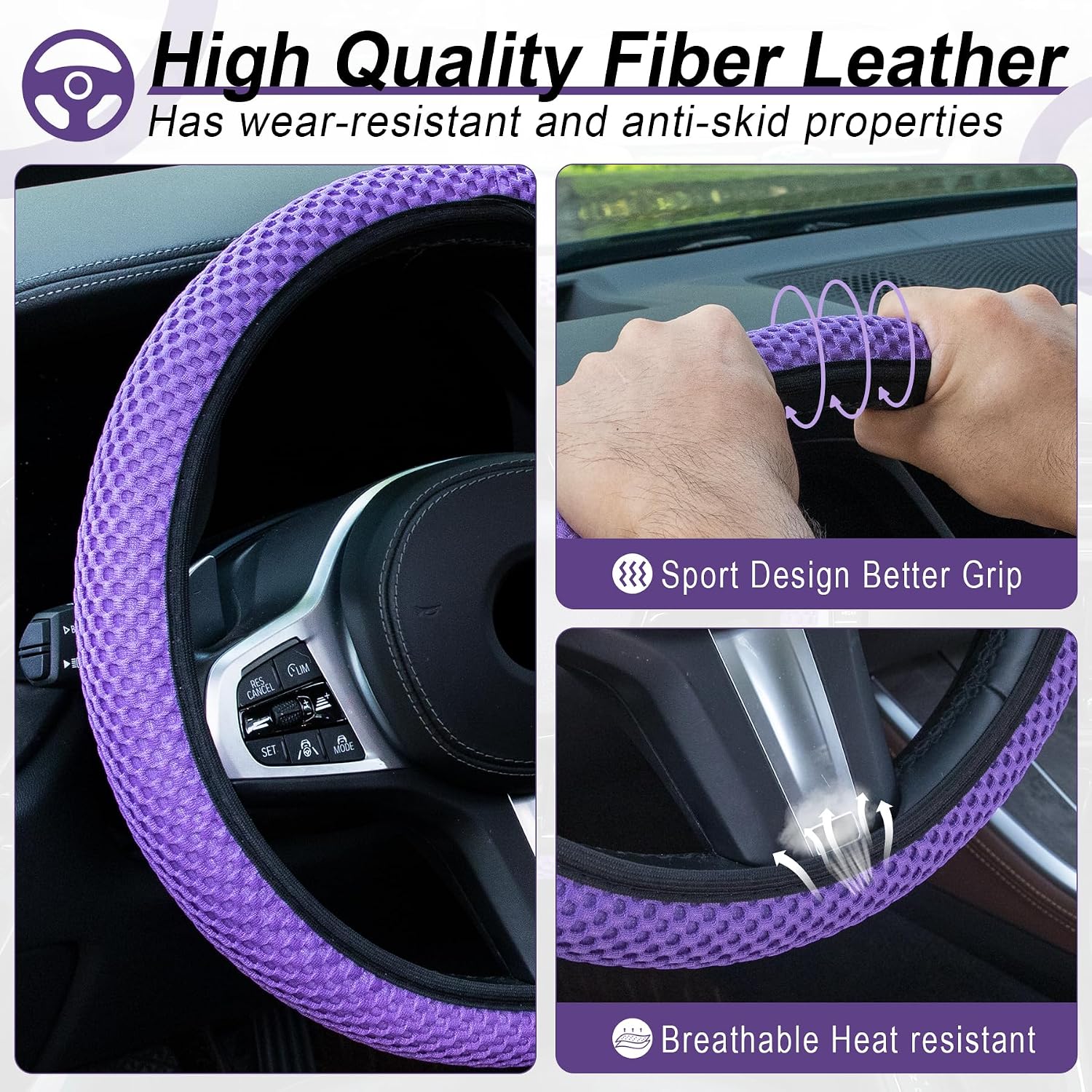 Alpmosn Elastic Stretch Steering Wheel Cover, Universal Interior Accessories Steering Wheel Cover for Women & Men, Breathable Microfiber Ice Silk, Anti-Slip, Odorless, Easy Carry(Purple)