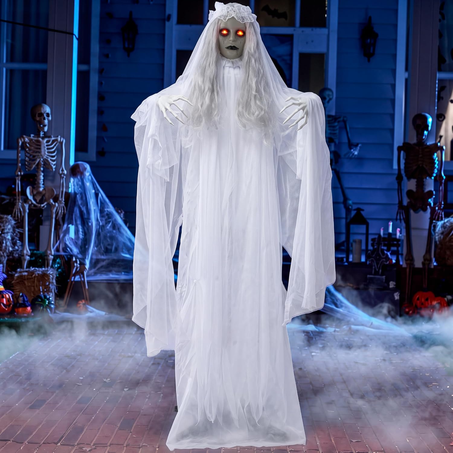 JOYIN 67" Halloween Decorations Outdoor Life Size Bride Decor, White Ghost Haunted House Props with Creepy Sound for Garden Yard Lawn