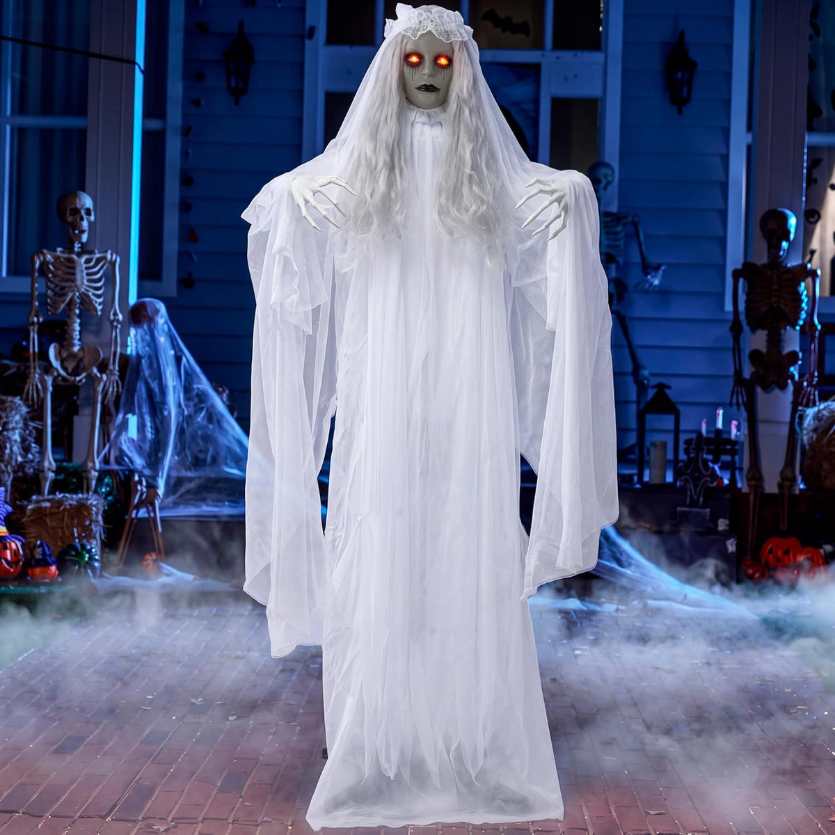 JOYIN 67" Halloween Decorations Outdoor Life Size Bride Decor, White Ghost Haunted House Props with Creepy Sound for Garden Yard Lawn