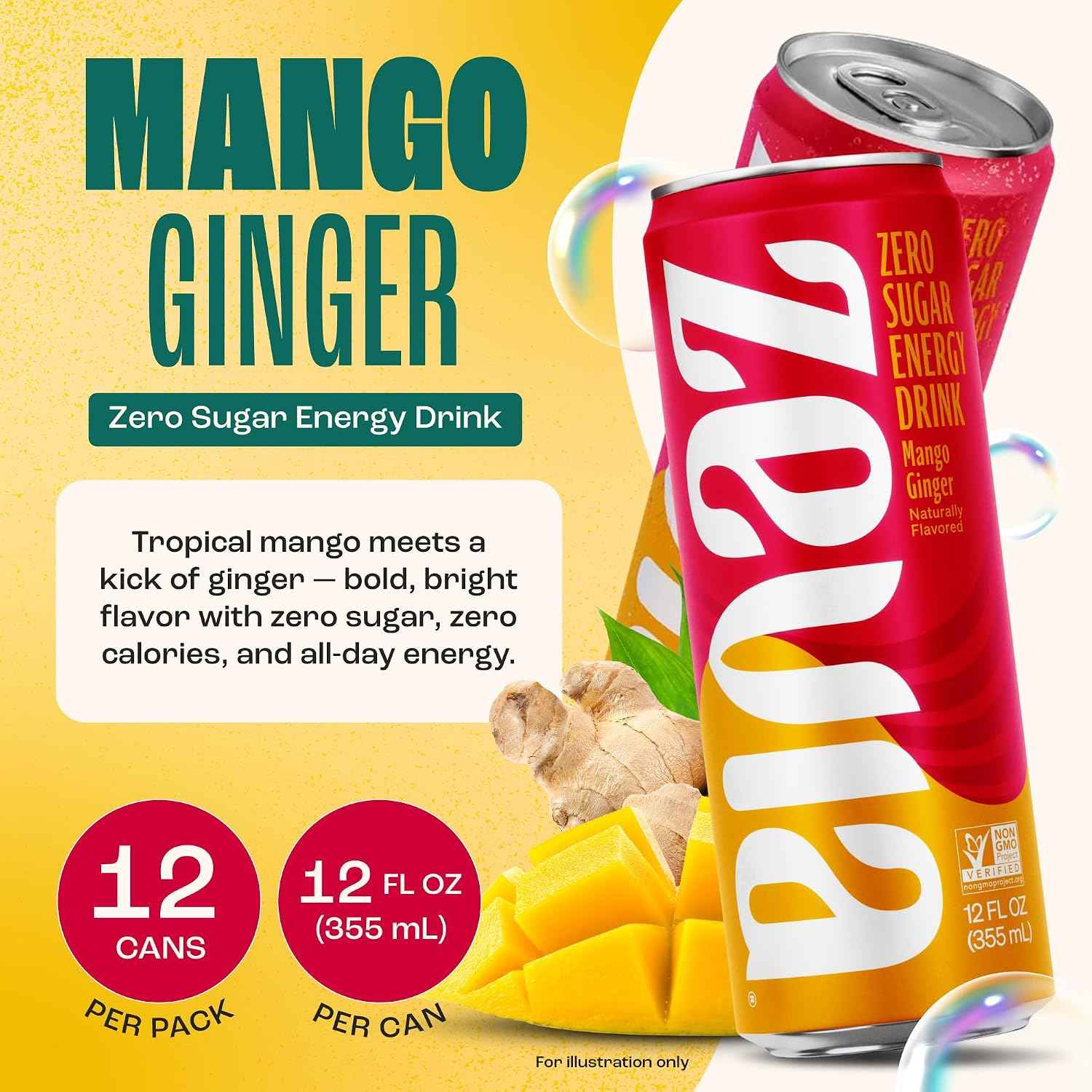 Zevia Zero Sugar Energy Drink, Mango Ginger, 12 oz Cans (12-Pack) – Naturally Sweetened, Zero Calorie Sugar Free Energy - Non-GMO Project Verified, Gluten-Free, Vegan