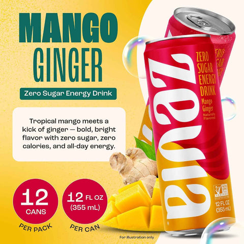 Zevia Zero Sugar Energy Drink, Mango Ginger, 12 oz Cans (12-Pack) – Naturally Sweetened, Zero Calorie Sugar Free Energy - Non-GMO Project Verified, Gluten-Free, Vegan