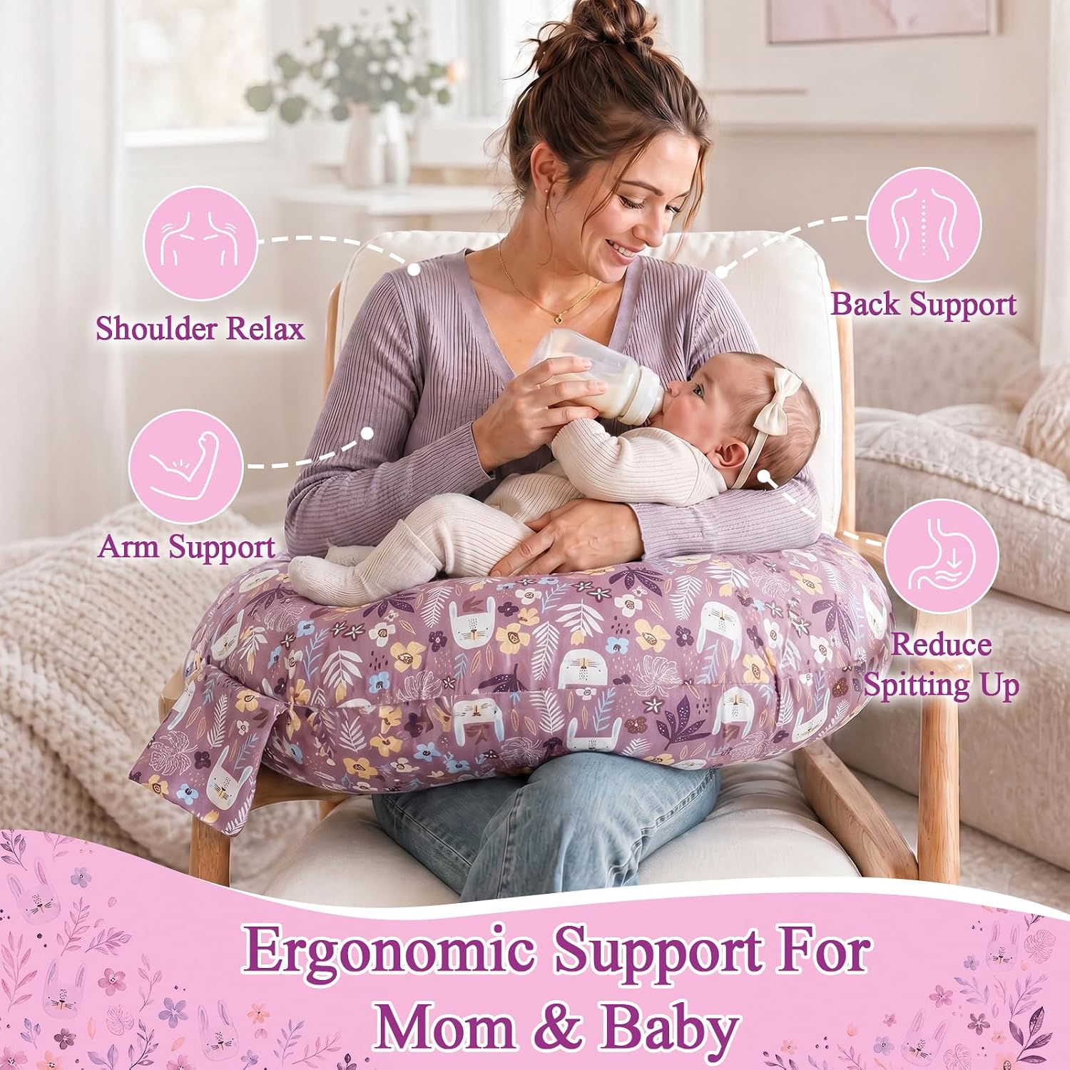 Nursing Pillow & Breastfeeding Pillow with Safety Buckle - Upgraded Design, Large Size for Tummy Time & Sitting Support, Breathable Washable Cover (0-12 Months)