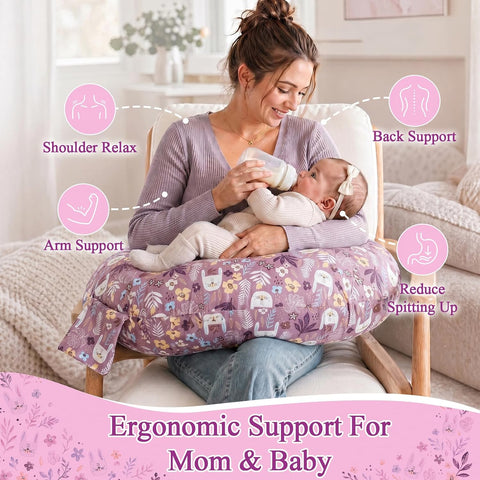 Nursing Pillow & Breastfeeding Pillow with Safety Buckle - Upgraded Design, Large Size for Tummy Time & Sitting Support, Breathable Washable Cover (0-12 Months)