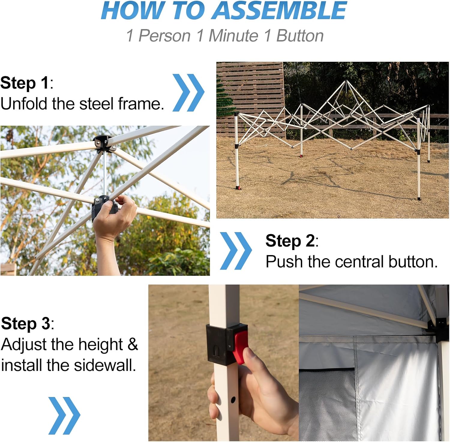 WEIZE 10x10 Pop Up Canopy Tent, 1-Button Push Setup Canopy Tent with 1 Sidewall, Adjustable Height Instant Portable Shelter,Portable Roller Bag, Easy Outdoor Sun Shade for Events,4 Weight Bags,Black