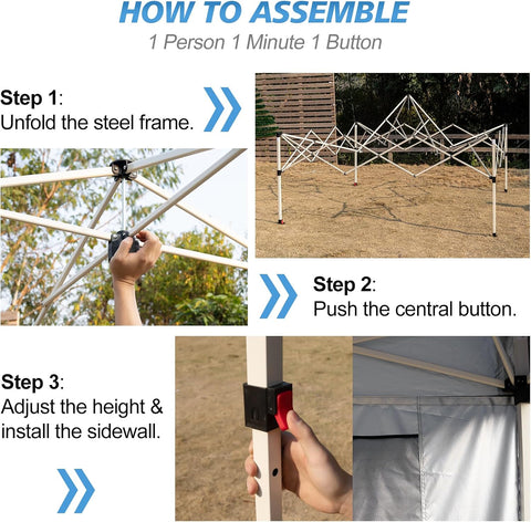WEIZE 10x10 Pop Up Canopy Tent, 1-Button Push Setup Canopy Tent with 1 Sidewall, Adjustable Height Instant Portable Shelter,Portable Roller Bag, Easy Outdoor Sun Shade for Events,4 Weight Bags,Black