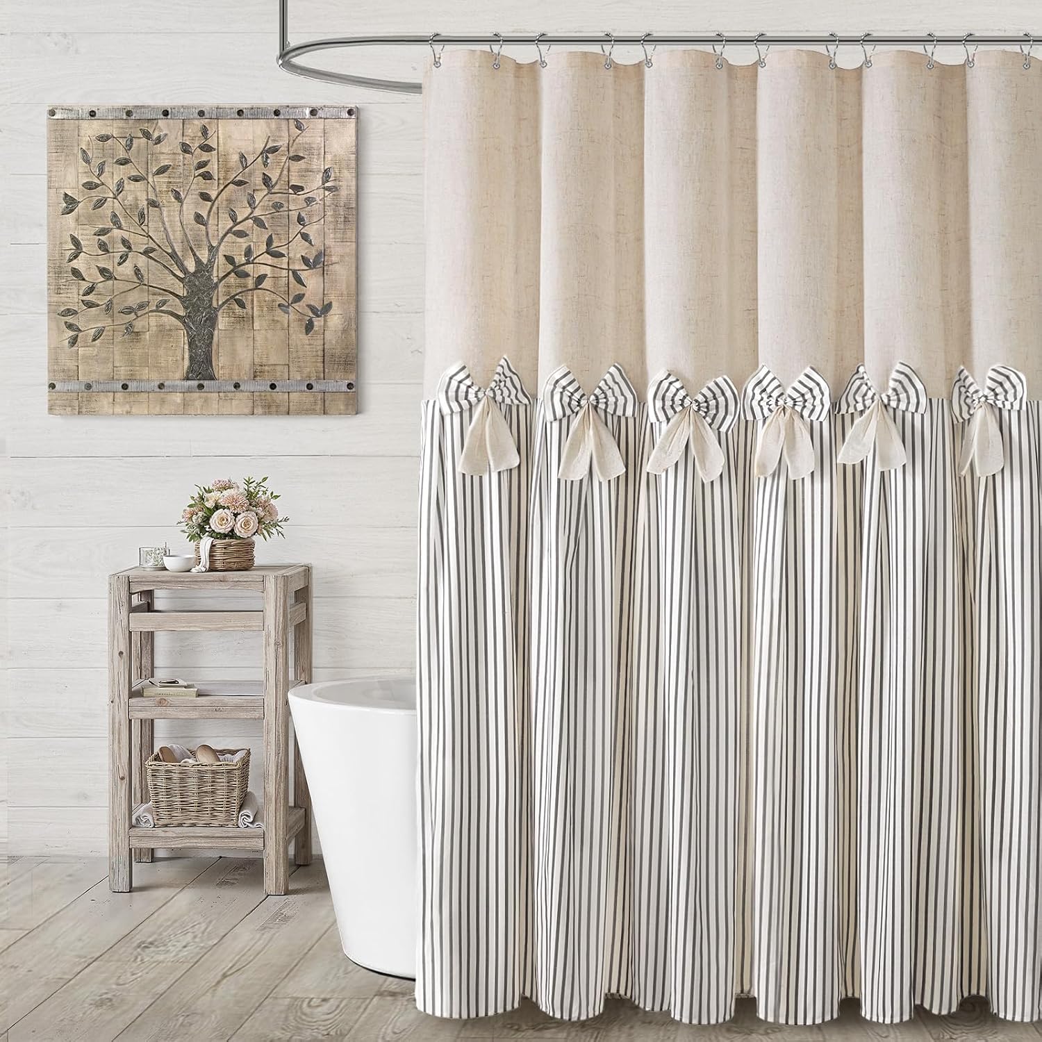 Farmhouse Shower Curtain Linen Bow Pleated Grey Stripe 72"W x 72"L