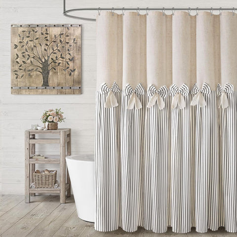 Farmhouse Shower Curtain Linen Bow Pleated Grey Stripe 72"W x 72"L