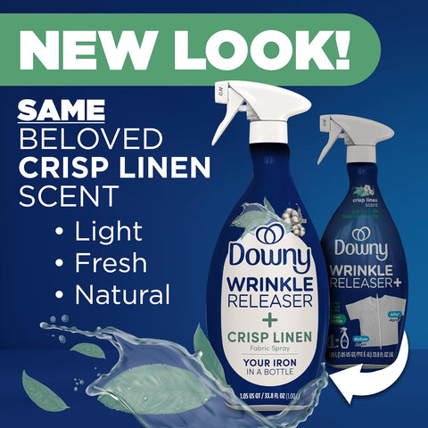 Downy Wrinkle Releaser Spray, All In One Formula, Removes Wrinkles, Static and Odor Eliminator, Crisp Linen Scent, 33.8 Fl Oz, Pack of 2 (Packaging May Vary)