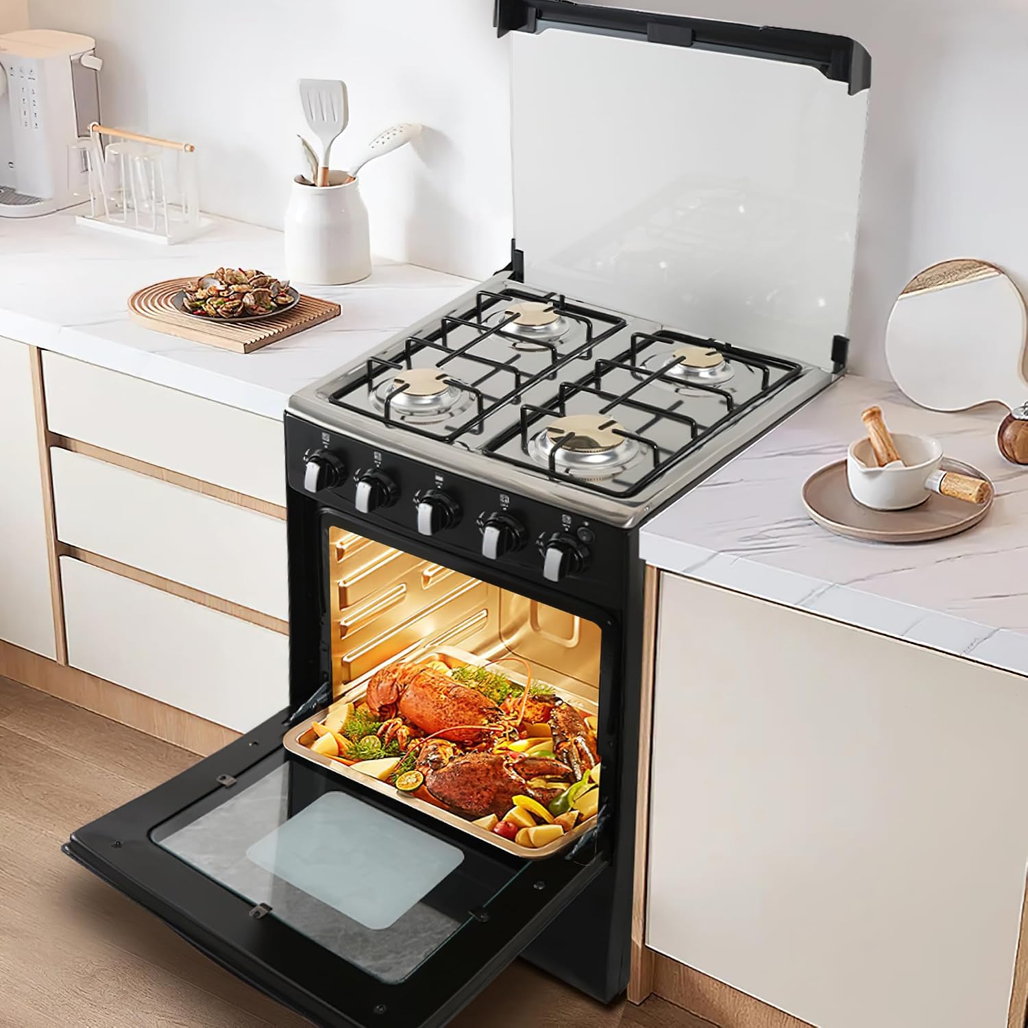 20-inch LPG (Propane) Gas Range, 4-Burner Cooktop with 62L Oven, 201 Stainless Steel, Black Glass Lid, Electronic Ignition, for Kitchen
