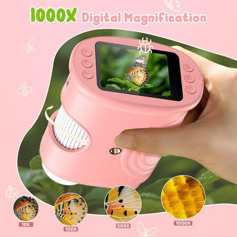 1000X Handheld Digital Microscope for Kids: Pocket Microscope with 2.0" IPS Screen - STEM Toys Birthday Gifts for Girls Boys - Portable Edu Science Kits Toddler Age 3-6 6-12 Pink