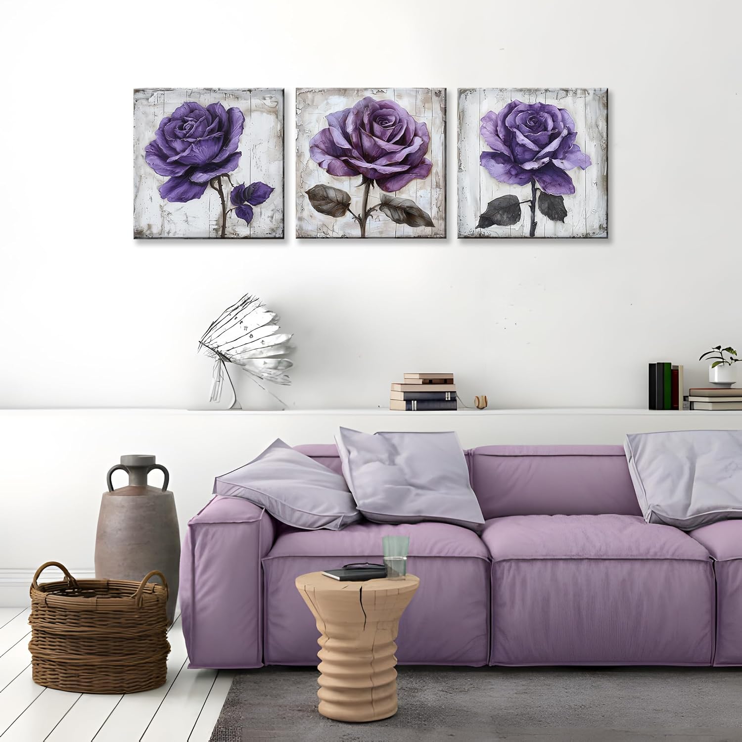 NAN Wind 3Pcs Purple Rose Canvas Prints Wall Art Botanical Floral Art Modern Flower Artwork Ready to Hang Textured Wall Art Print Decorative Wall Hanging for Living Room Bedroom Kitchen