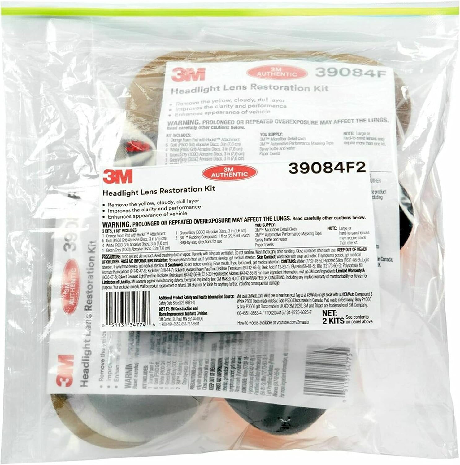 3M Headlight Lens Restoration Kit, Medium Duty 2-Pack, No Tools Required, Restores Cloudy Yellowed Plastic Lenses, Includes Sanding Discs, Rubbing Compound & Foam Pads
