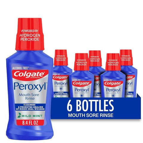 Colgate Peroxyl Antiseptic Mouth Sore Rinse, Alcohol Free, 1.5% Hydrogen Peroxide, Mild Mint, 8.45 Ounce (Pack of 6)