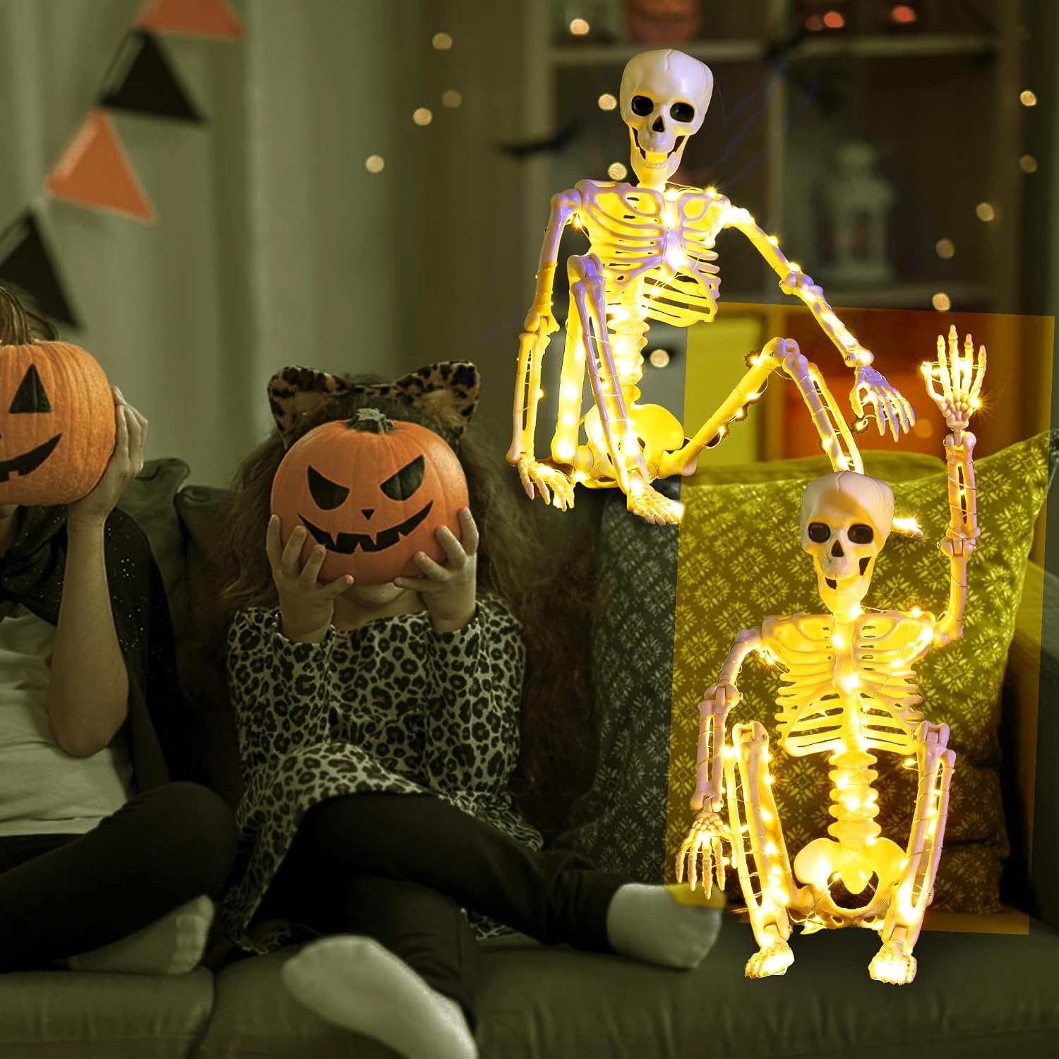 2 Pack 24 Inches Halloween Skeleton, LED Light Up Pose-N-Stay Halloween Skeleton Full Body Posable Movable Jonints for Halloween Decoration