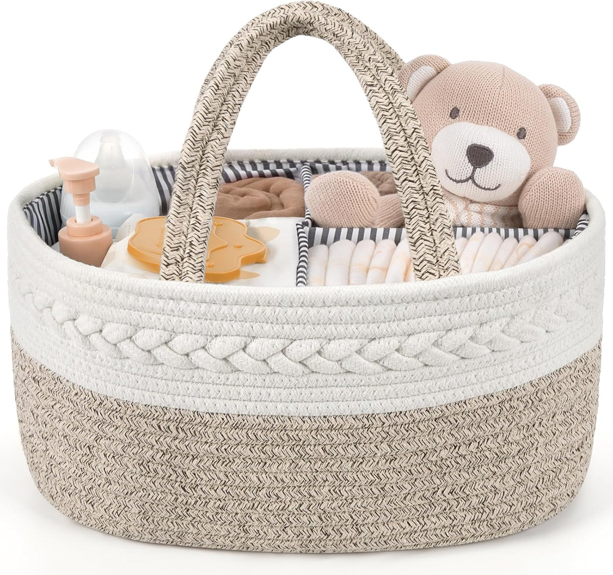 Maliton Baby Diaper Caddy Organizer, X-Large Cotton Rope, Rustic Style, Portable, 3 Compartments, A-Brown